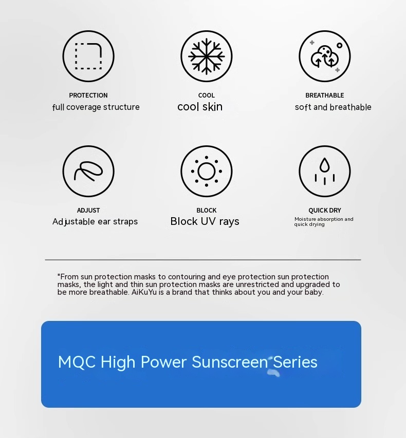 The image displays icons illustrating the features of the Facekini Full Face Sunscreen Mask Breathable Thin Ice Silk: full coverage protection, cooling ice silk material, soft and breathable nylon fabric, adjustable ear straps, UV ray blocking capability, and quick-drying property. Below the illustration is a text box labeled "MQC High Power Sunscreen Series.