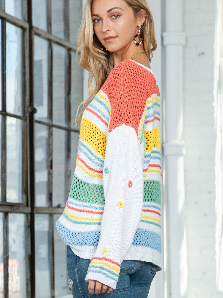 Rainbow Striped Pullover Women's European And American Fashion Dopamine Contrast Color Round Neck Sweater