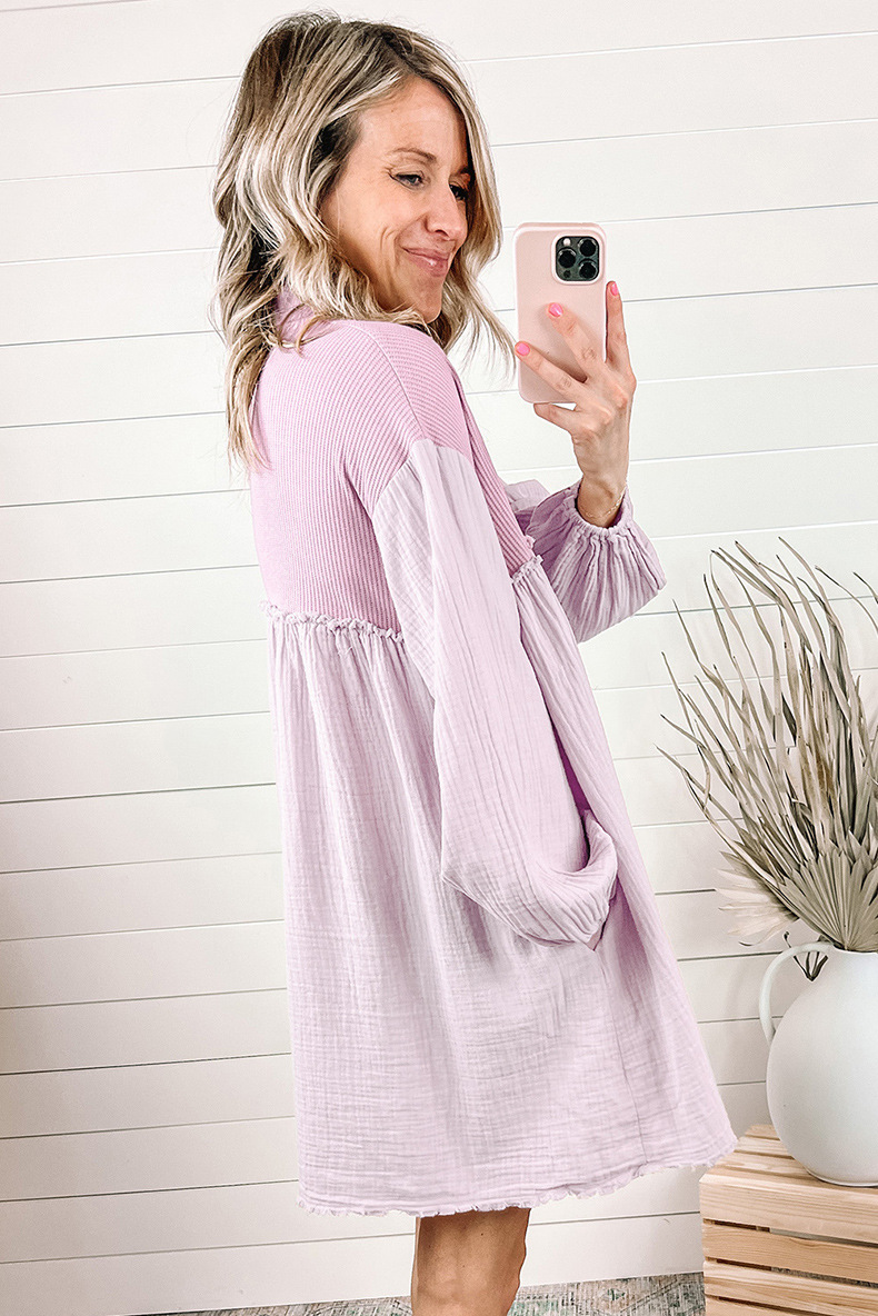 Thin Patchwork Pleated Long Sleeve Dress