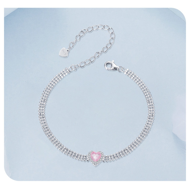 White Gold Plated Zircon Ice Flower Love Heart Wide Bracelet S925 Sterling Silver Ornament