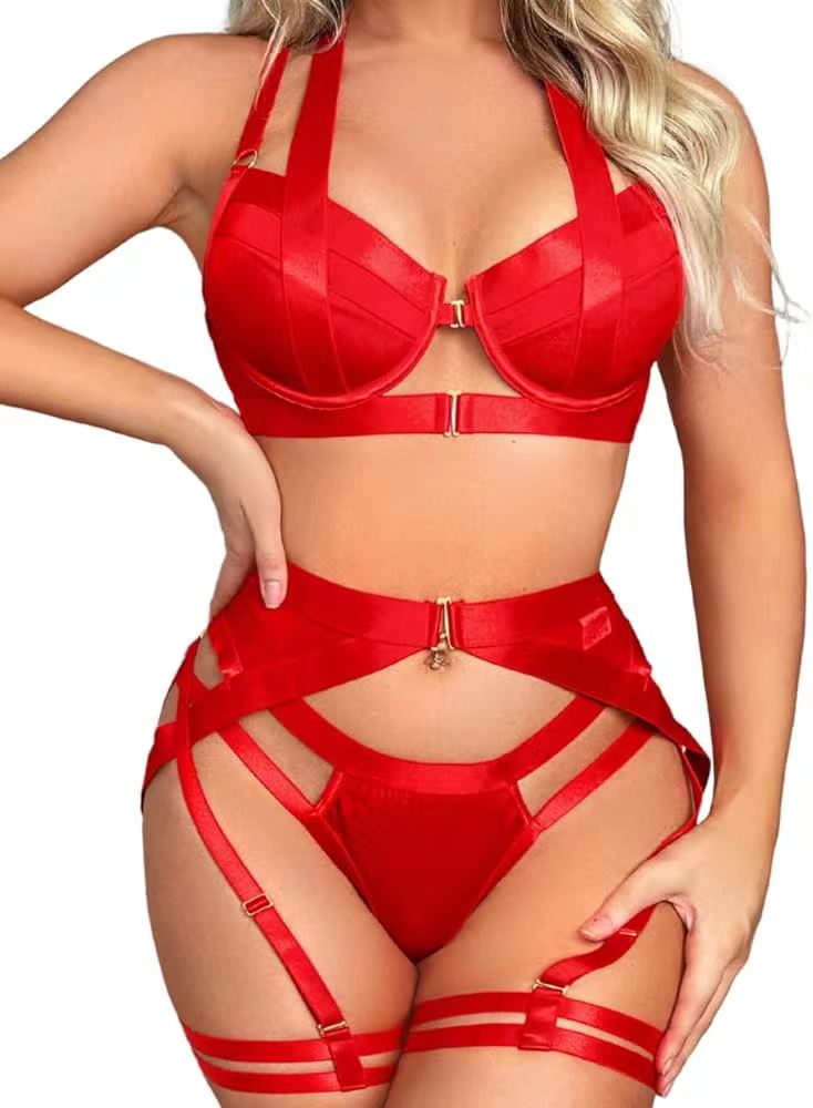 Title 3, Four-piece Set Lace-up Cutout Front Buckle Suit