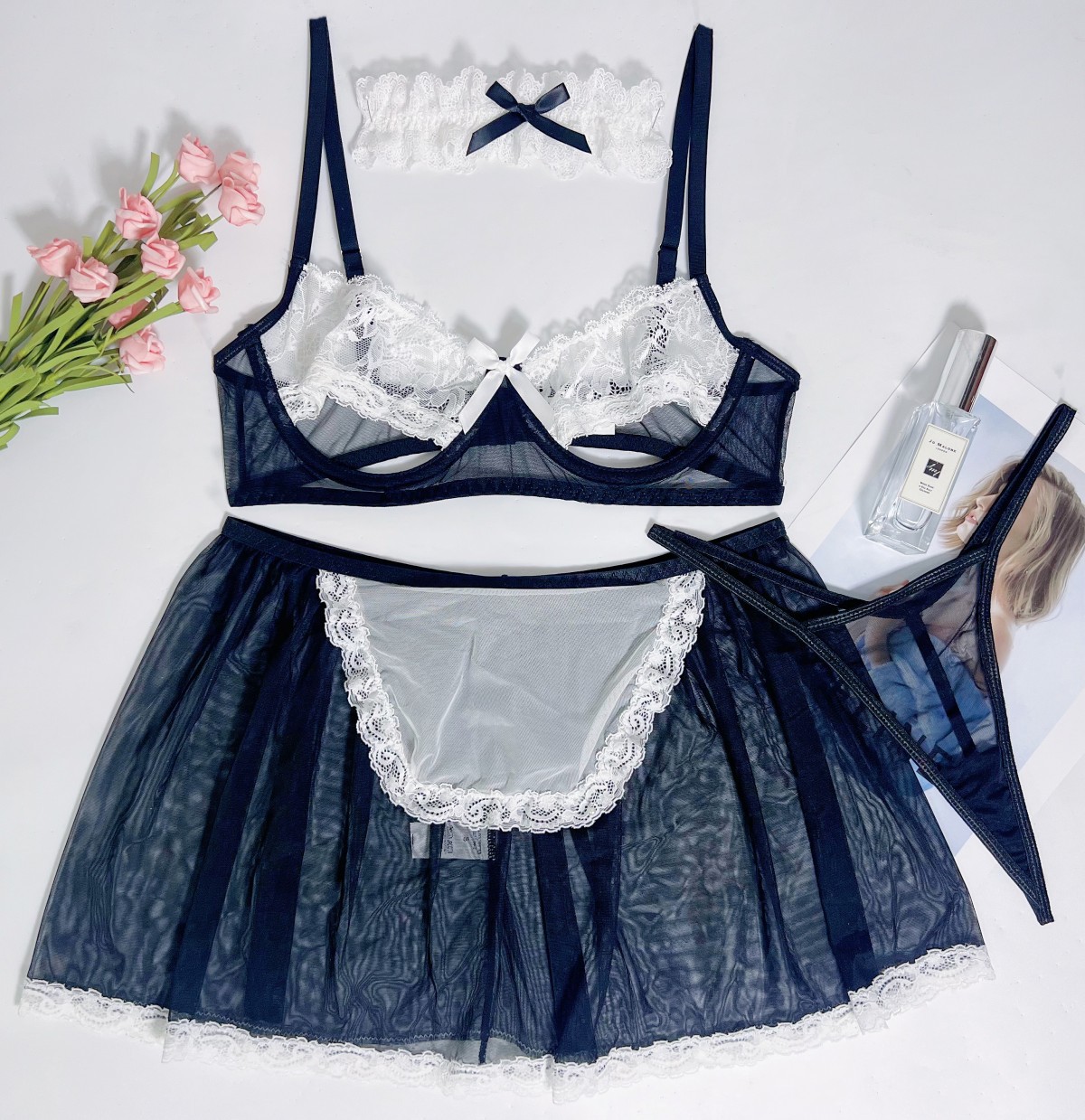 Title 10, Lace Mesh Patchwork See-through Maid Uniform Suit