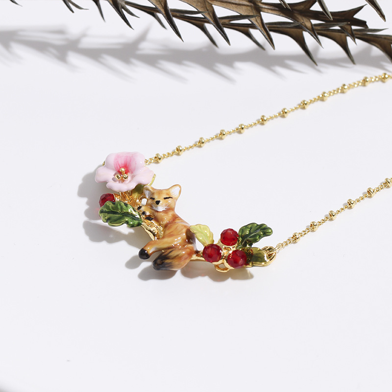 Little Fox And Flower Fruit Gold Necklace