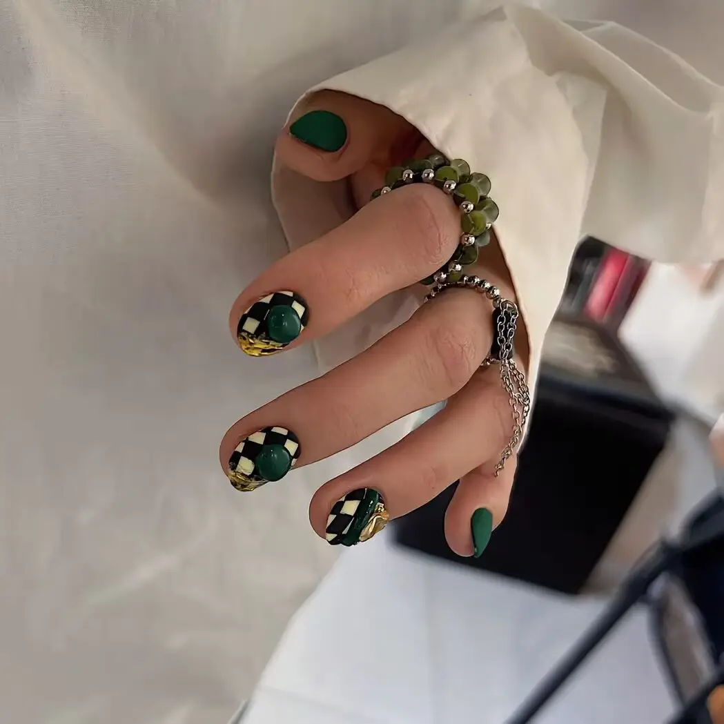 Green White Hand-worn Armor Chessboard Grid Dark Green Matte Nail Stickers