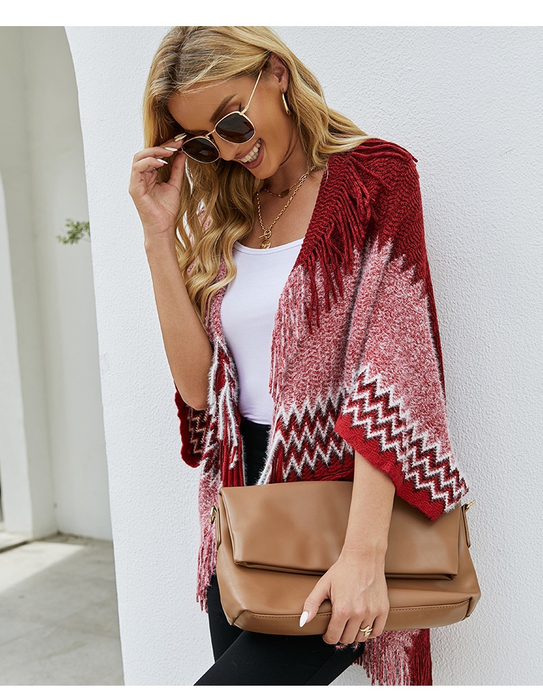 Women's Knitted Cape And Shawl Tassel Hem Color Matching Sweater