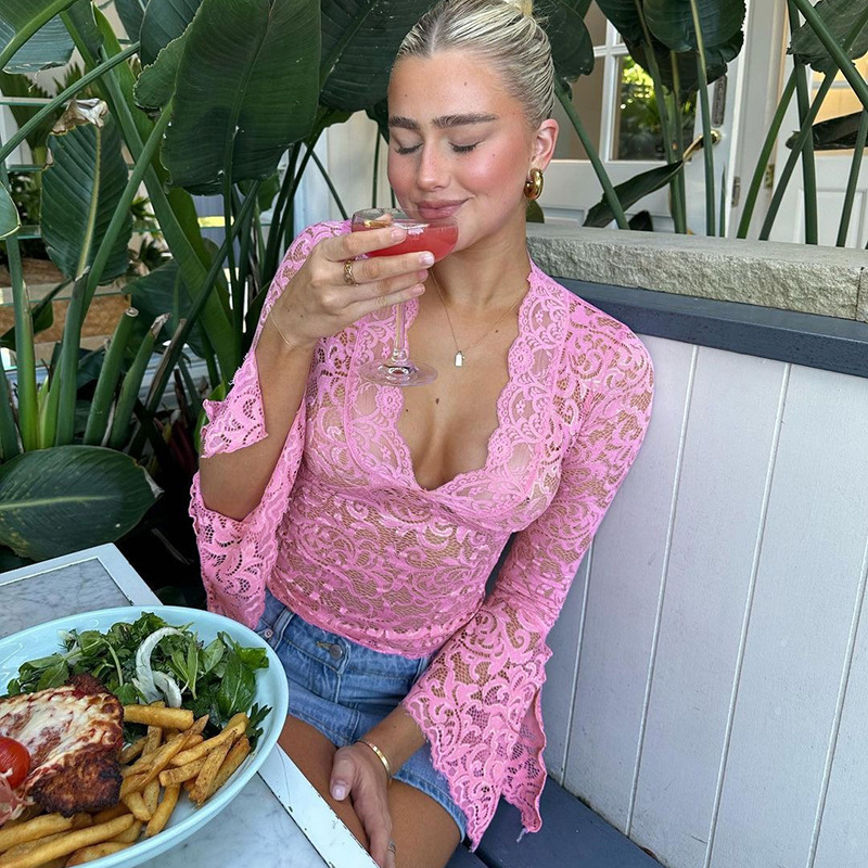 Slim-fit All-matching Short Lace Long-sleeved Hot Girl Style Lace Top