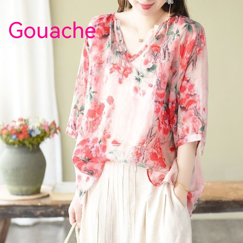 Digital Printing Plus Size Artistic Loose V-neck Shirt