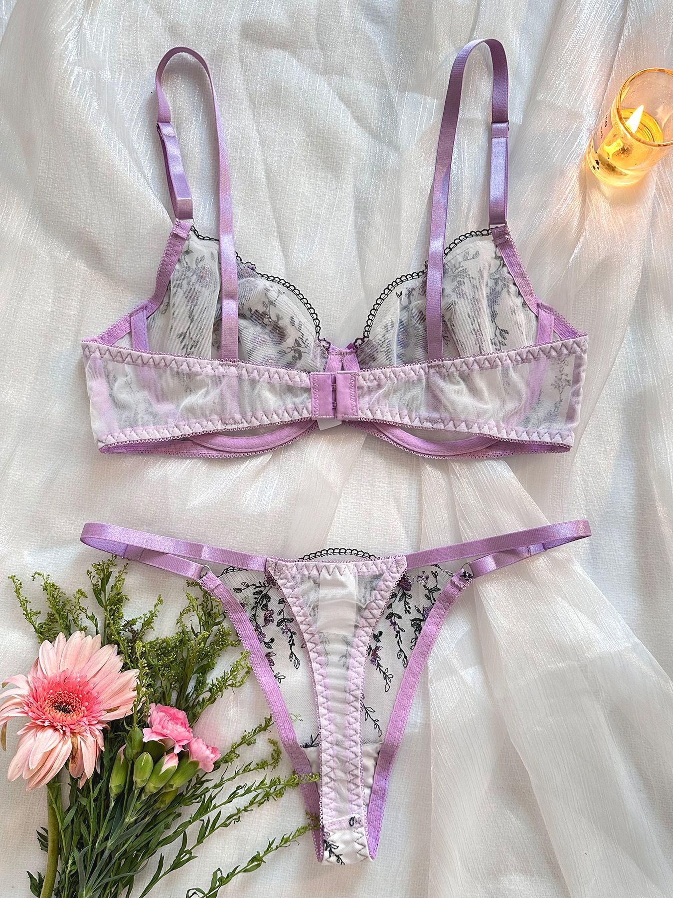 Title 12, Floral Embroidery Transparent Mesh Underwear Suit