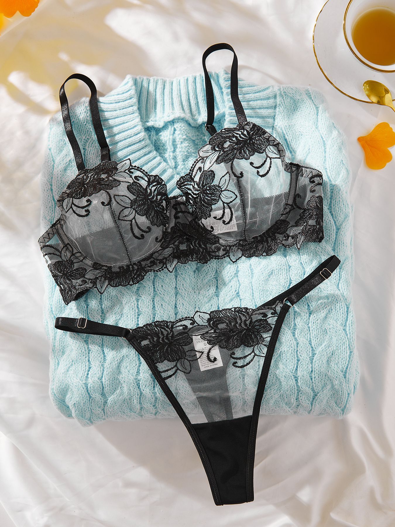 Title 12, Flower Mesh Embroidery See-through Push-up Unde...