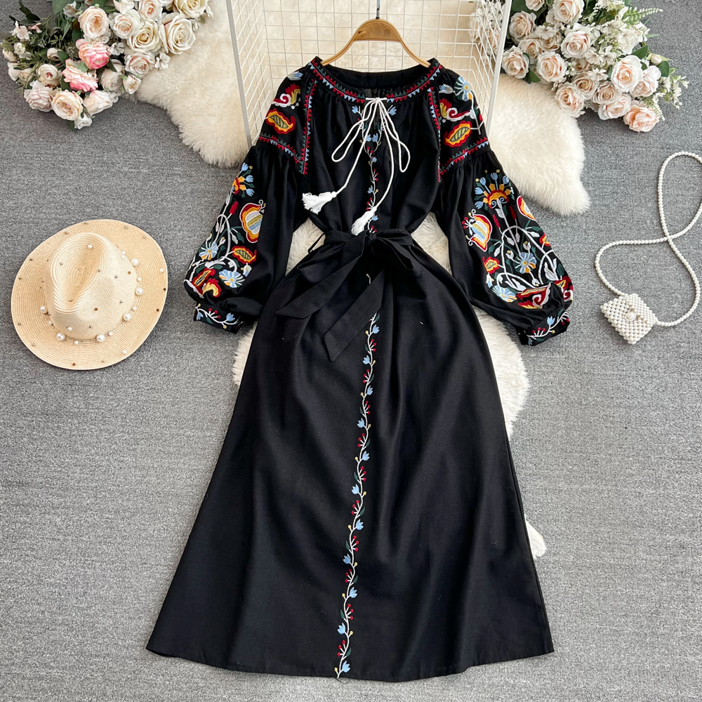 Embroidered Lantern-Sleeve Midi Dress, picture 2 of 9