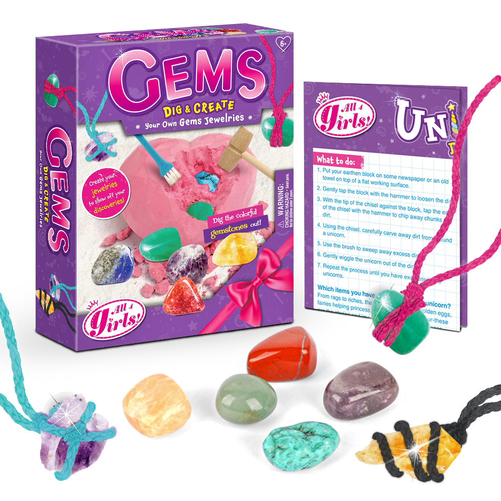 Gemstone Dig Kit Toys For Kids Dig Up 6 Gems & Rocks Science STEM Activities Educational Gifts For Boys Girls Age Above 6 Gemstones Necklace DIY Gifts