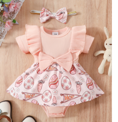 Baby's Gown Floral Bow Fake Two Pieces Triangle Rompers