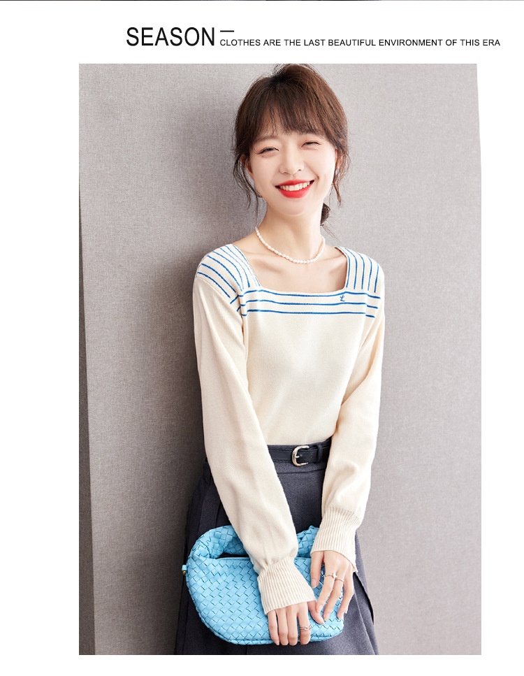 French Sailor Blue Striped Square Collar Sweater Retro Navy Style