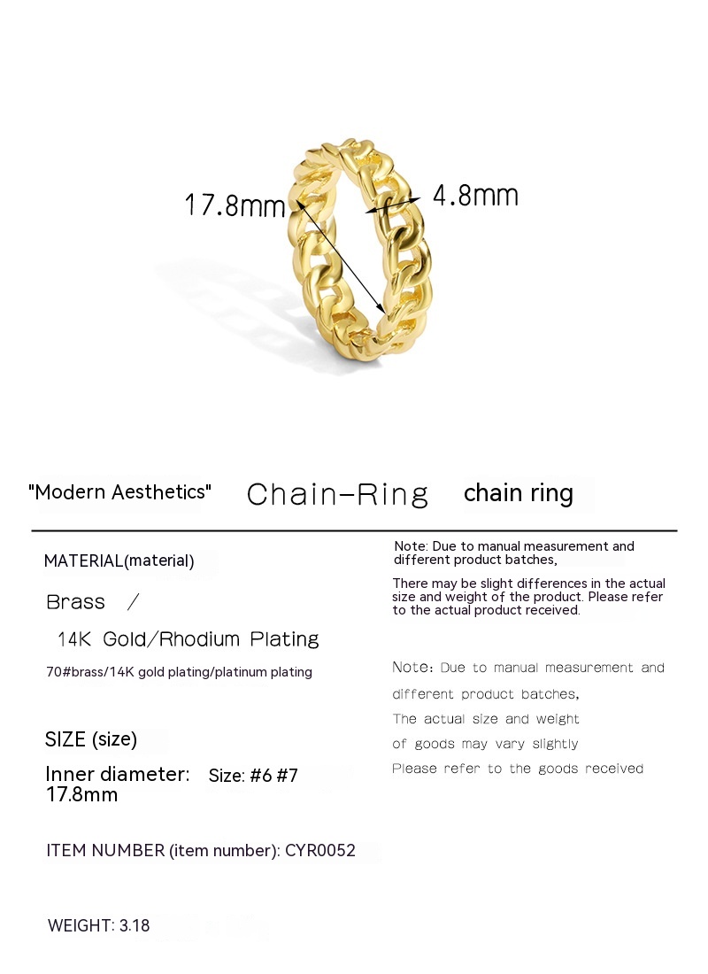 European And American Metal Gold Rope Ring Geometric Wind Twist Chain