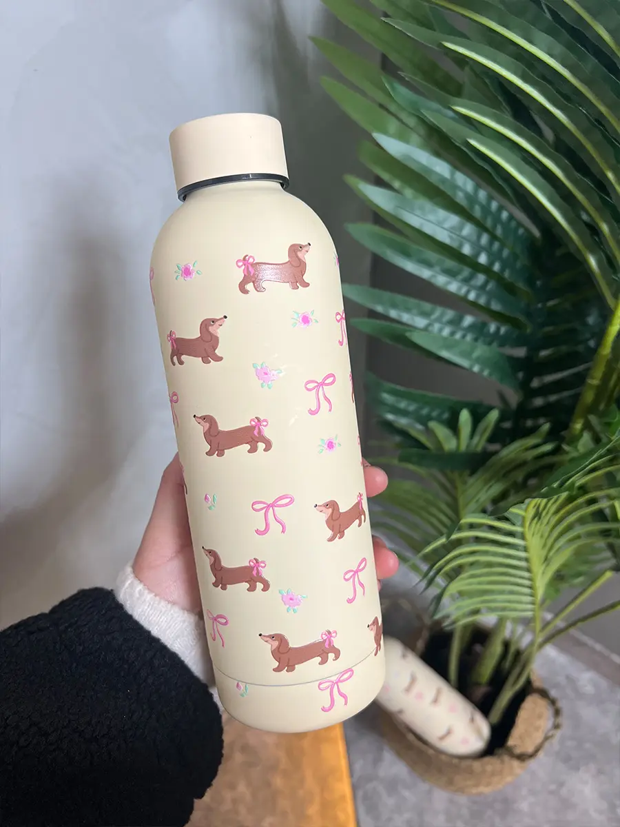Floral Sausage Dog Large Capacity Vacuum Cup Portable Water Cup