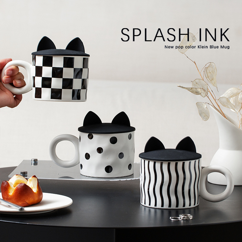 Vintage Chessboard Grid Mug With Cover With Spoon Ceramic Cup