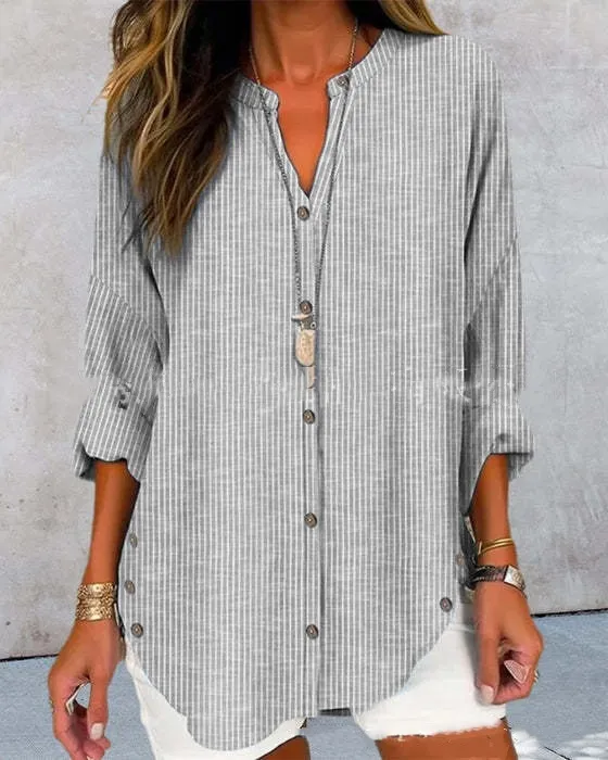 Casual Fashion Button Striped Long Sleeve Solid Color Shirt Gray - Shop at LoveMi