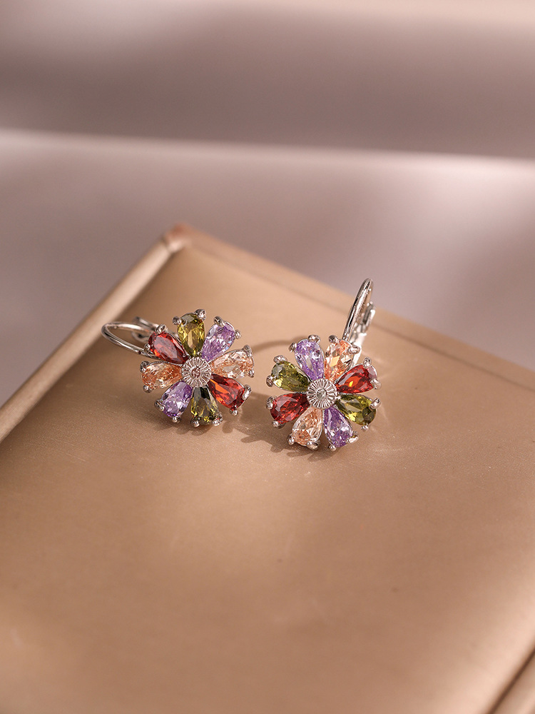 Colorful Flower Round AAA Zircon Simple Classic Crystal Earrings