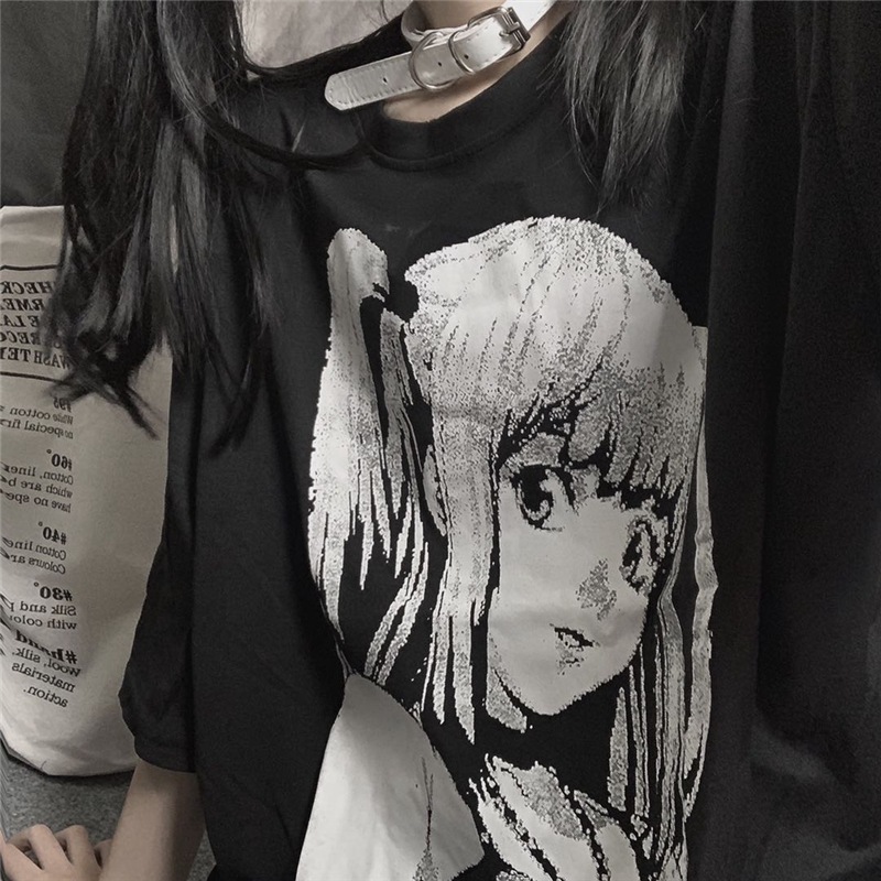 Loose Mid-length Cartoon Print Short Sleeves
