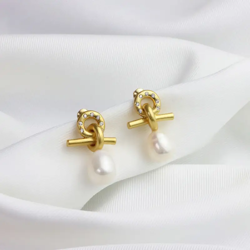 Metal Knotted Design Baroque Freshwater Pearl Earrings