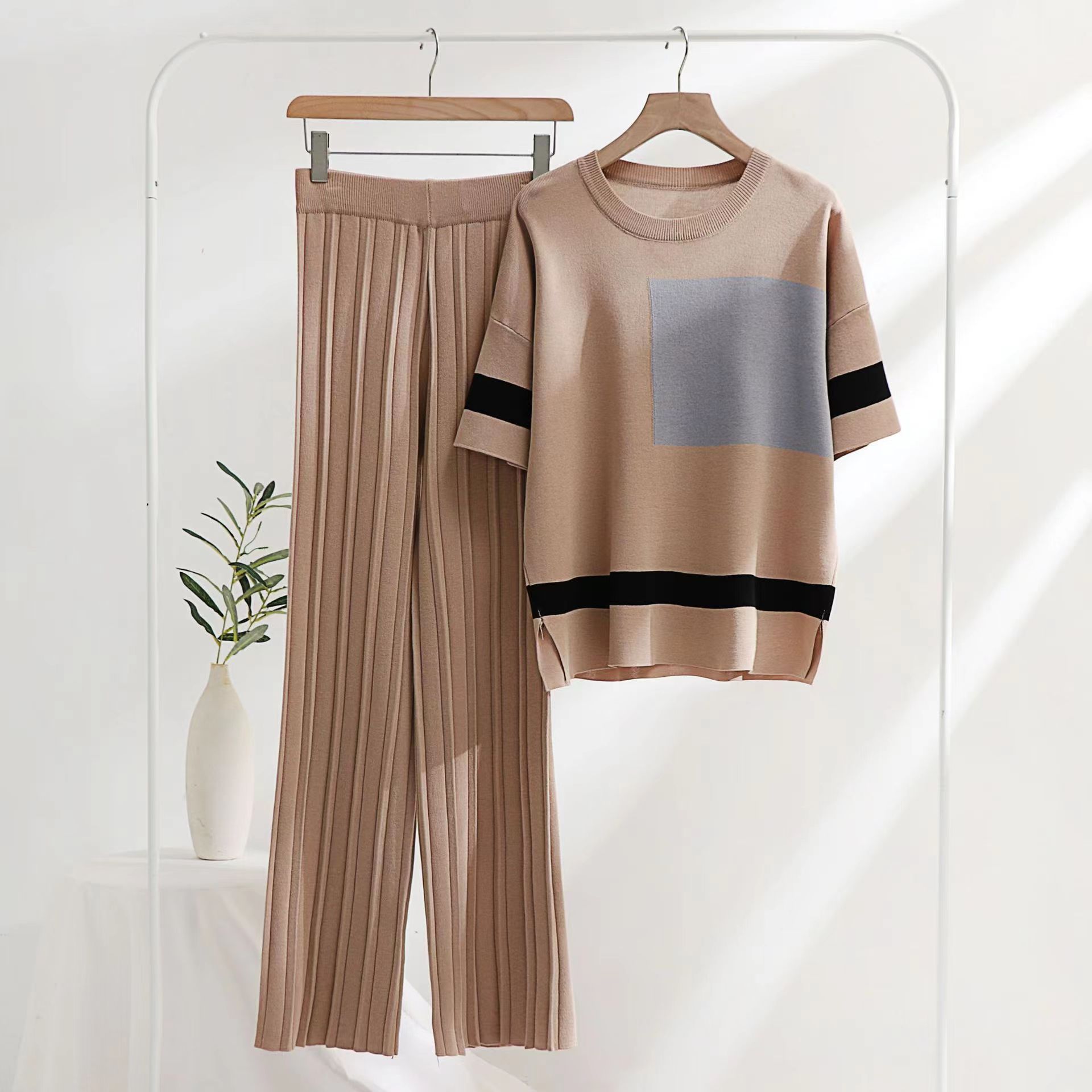 Ice Silk Fabric Summer Top High Waist Wide Leg Pants Knitted Two-piece