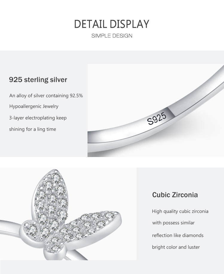 S925 Sterling Silver Butterfly Diamond-studded Ring