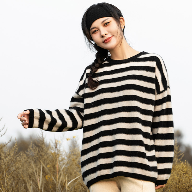 Title 3, Striped Pure Wool Loose Western Style All-match...