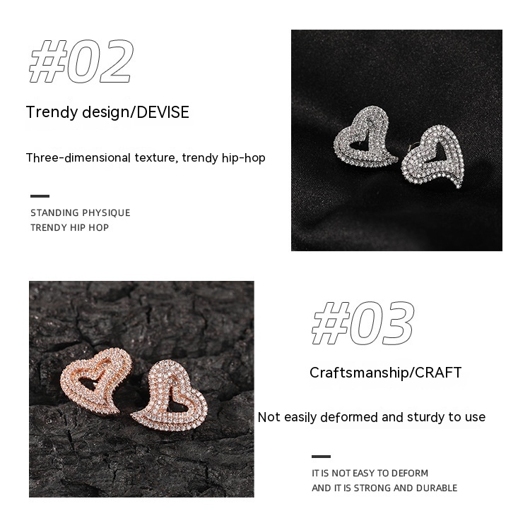 Zircon Hollow Love Heart Stud Earrings Micro-inlaid Retro