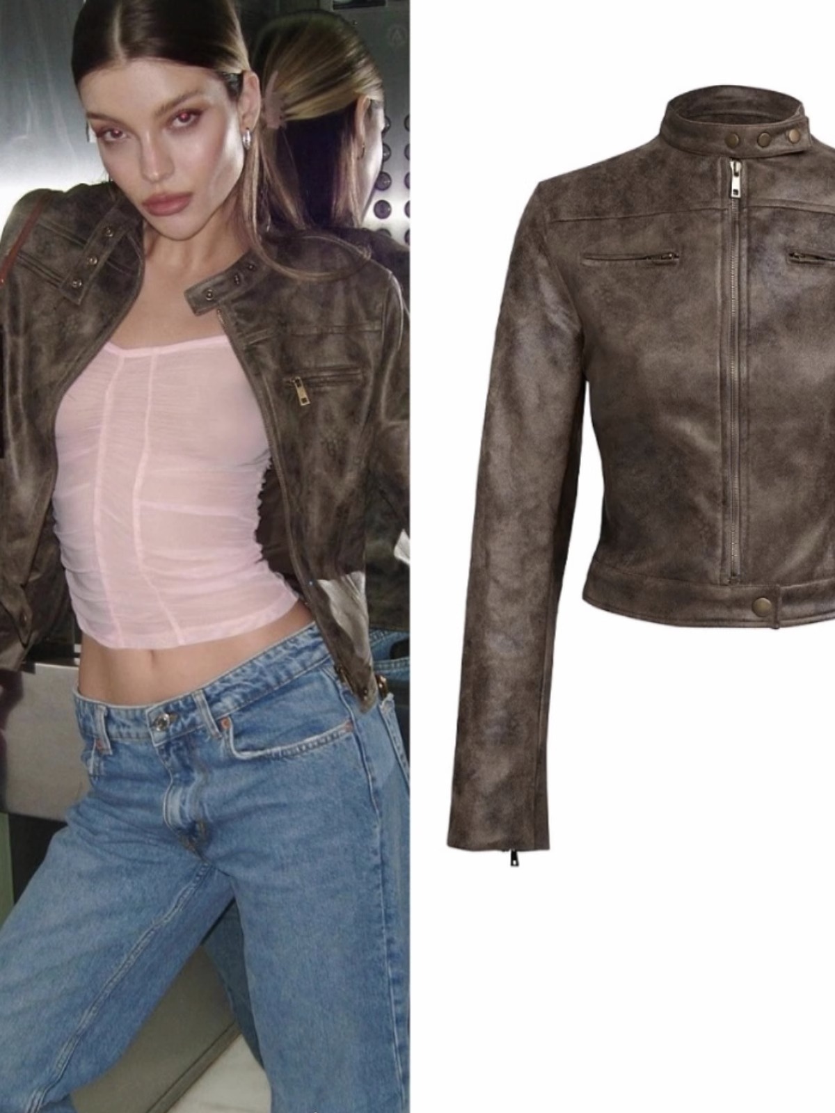 Title 14, Veste en cuir vieilli Maillard Motorcycle Hot Girl