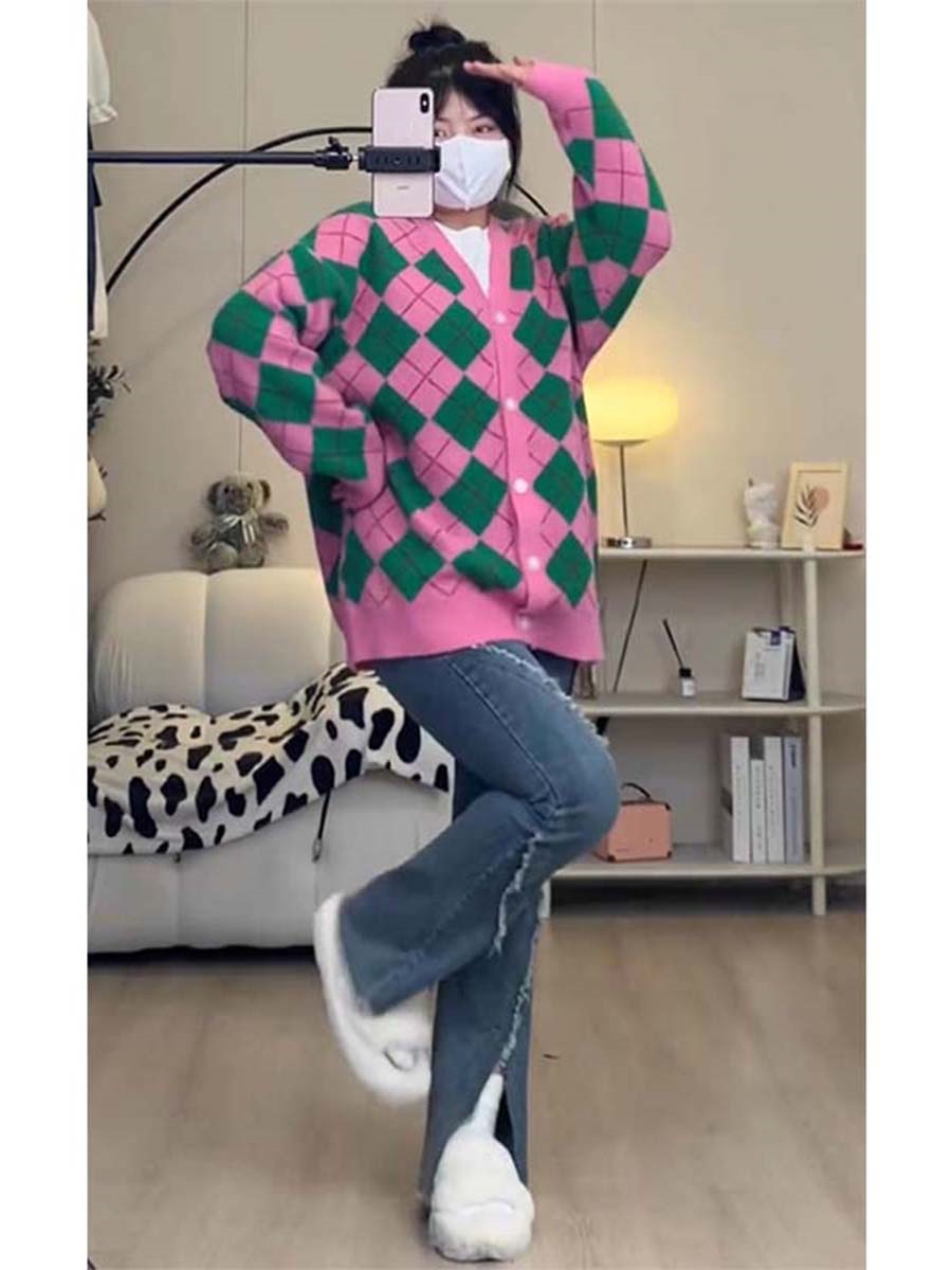 Idle Style Retro Hit Color Diamond Lattice Knitted Cardigan Coat For Women