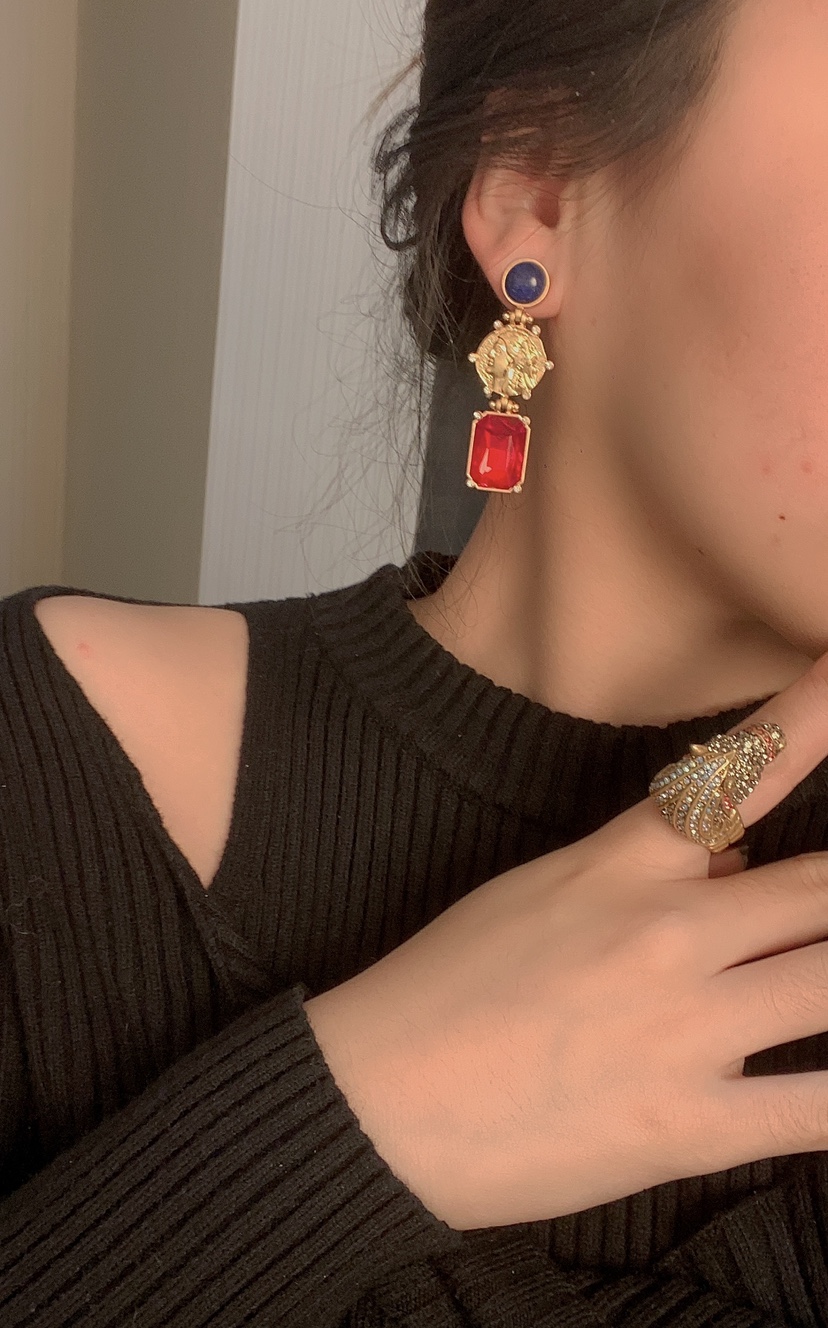Natural Lapis Lazuli Old Bronze Relief Middle Ancient Earrings