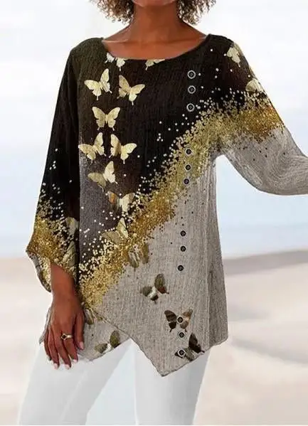 Casual Loose Round Neck Irregular Hem Printed Long Sleeve Shirt
