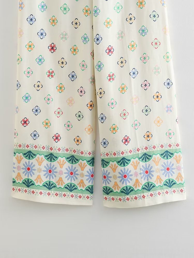 High Waist Vacation Style Printed Linen Loose Wide Leg Pants