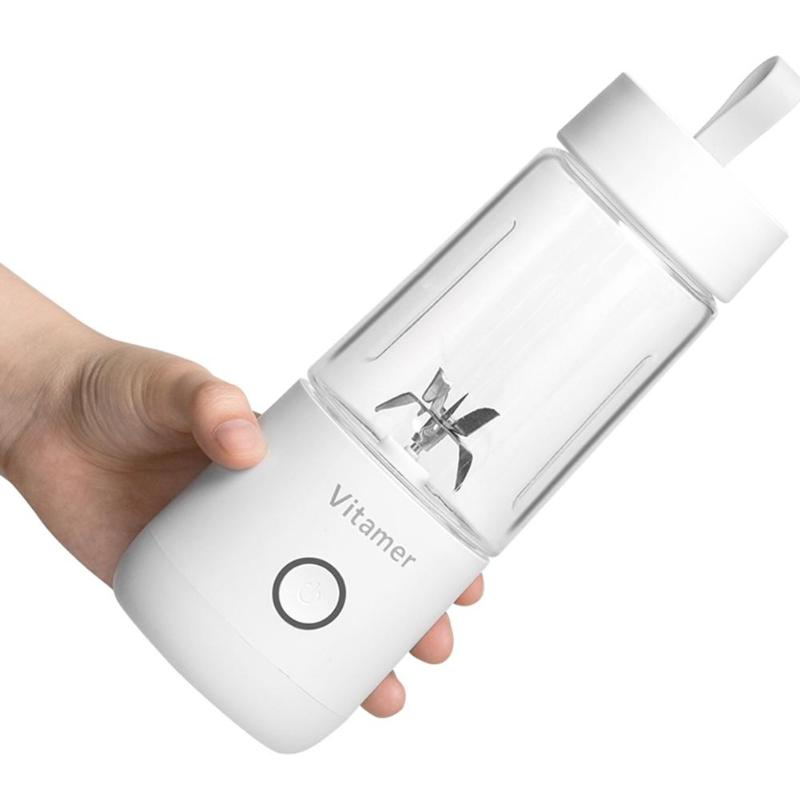 "portable blender 350ml white usb rechargeable bottle blending strawberry smoothie on kitchen counter for busy morning routine"