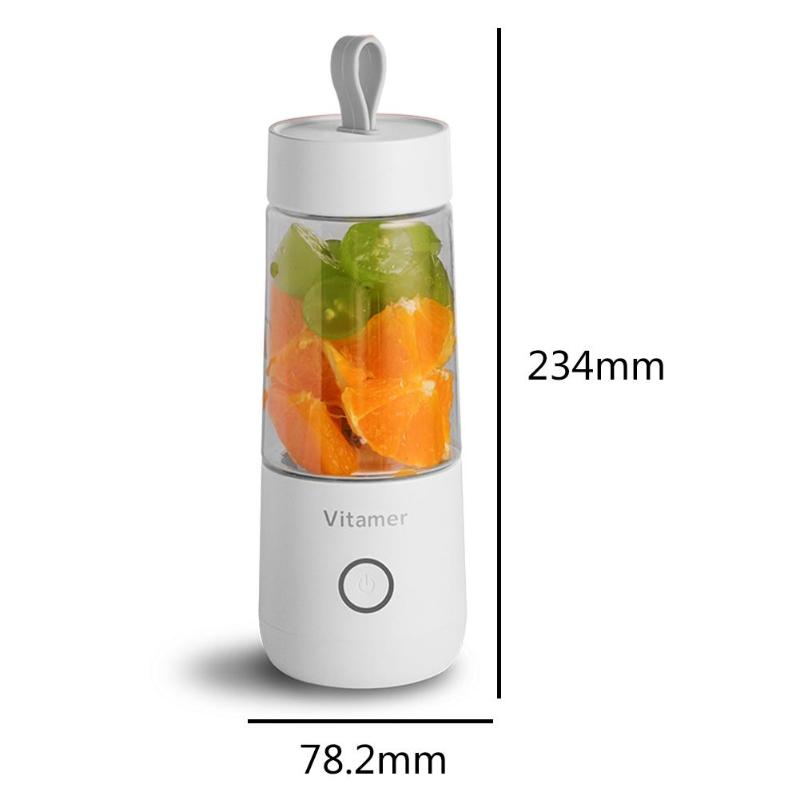 "usb rechargeable blender 350ml travel cup on office desk beside laptop filled with green smoothie for healthy workday break"