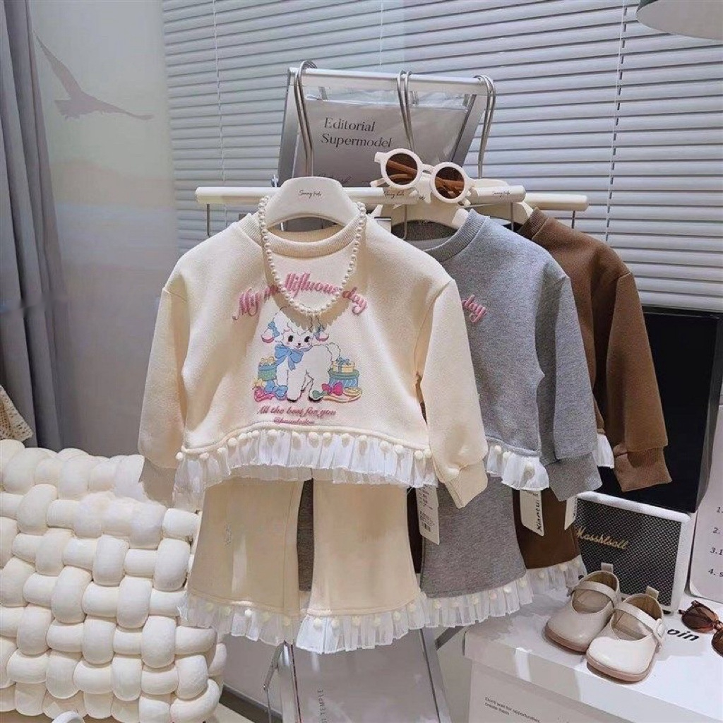 Girls' Spring And Autumn Lace Stitching Coat Cartoon Long Sleeve Sweet Lace Bell-bottom Pants