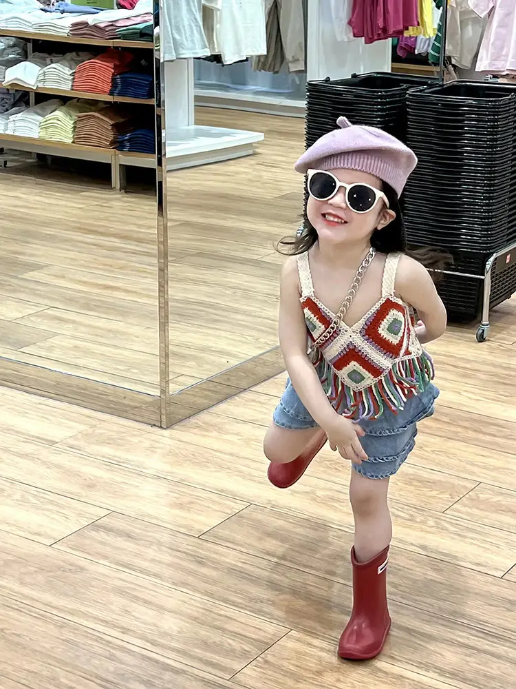 Girls' Hollow Knitted Short Tassel Camisole National Style Top Thin Cake Shorts Two-piece Set