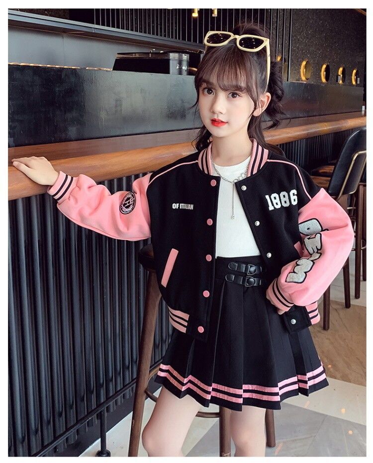 Children Baseball Jacket College Style Pleated Skirt Two-piece Set