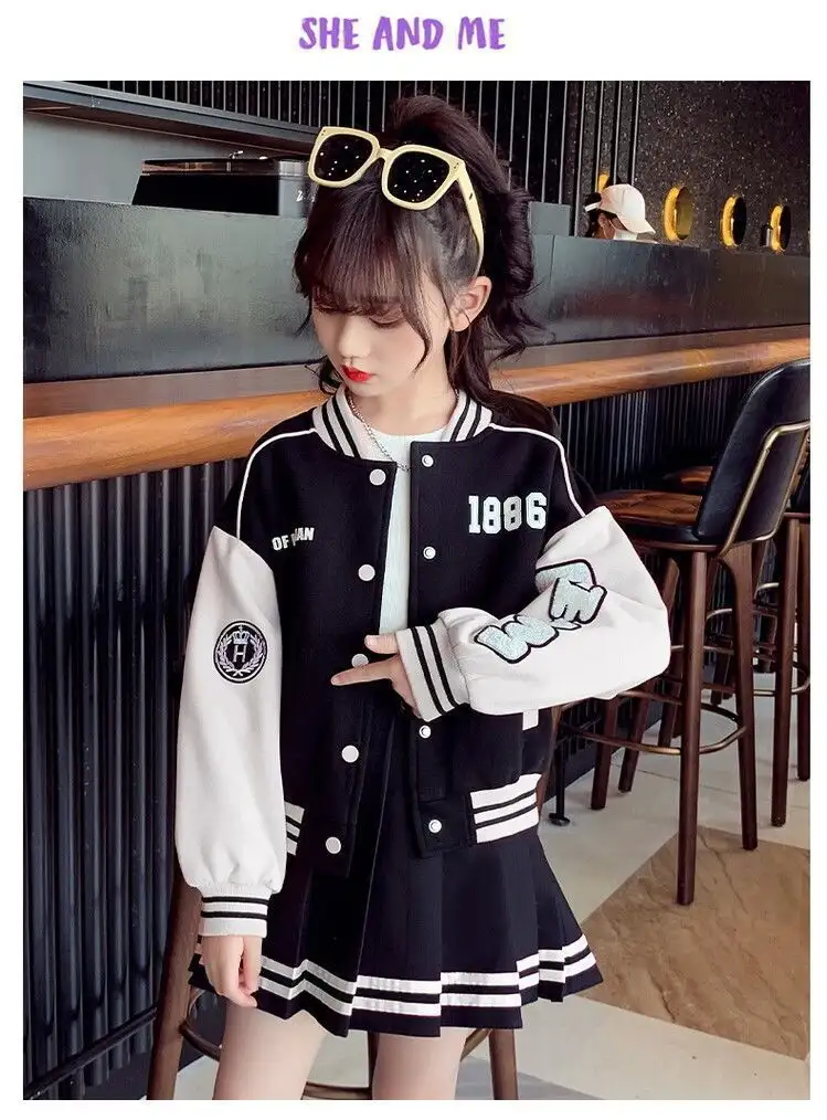 Children Baseball Jacket College Style Pleated Skirt Two-piece Set