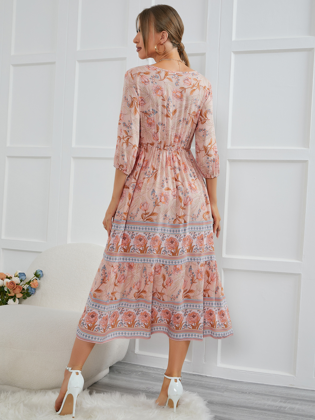 Floral Bohemian Maxi Dress V-Neck Three Quarter Sleeve