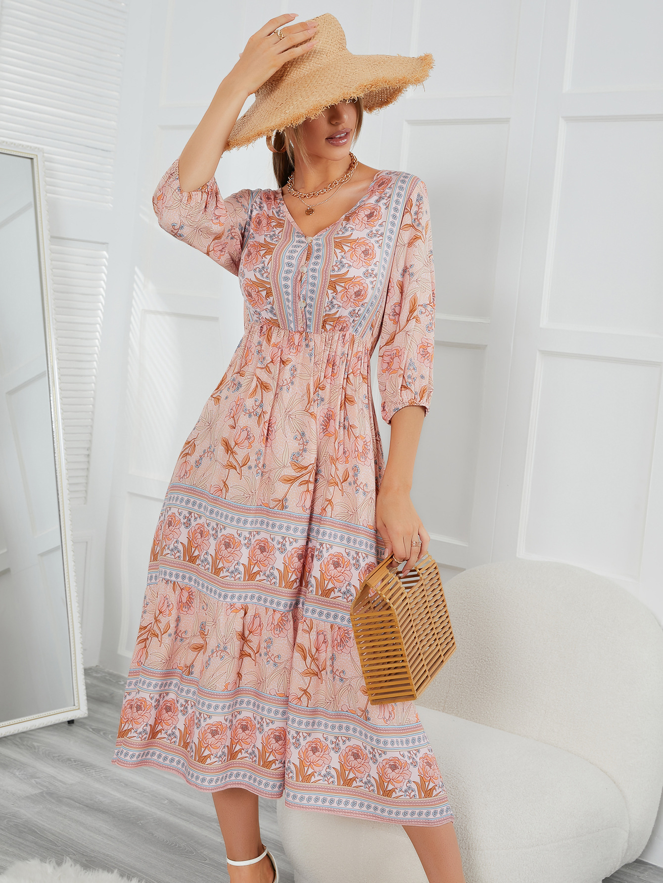 Floral Bohemian Maxi Dress V-Neck Three Quarter Sleeve