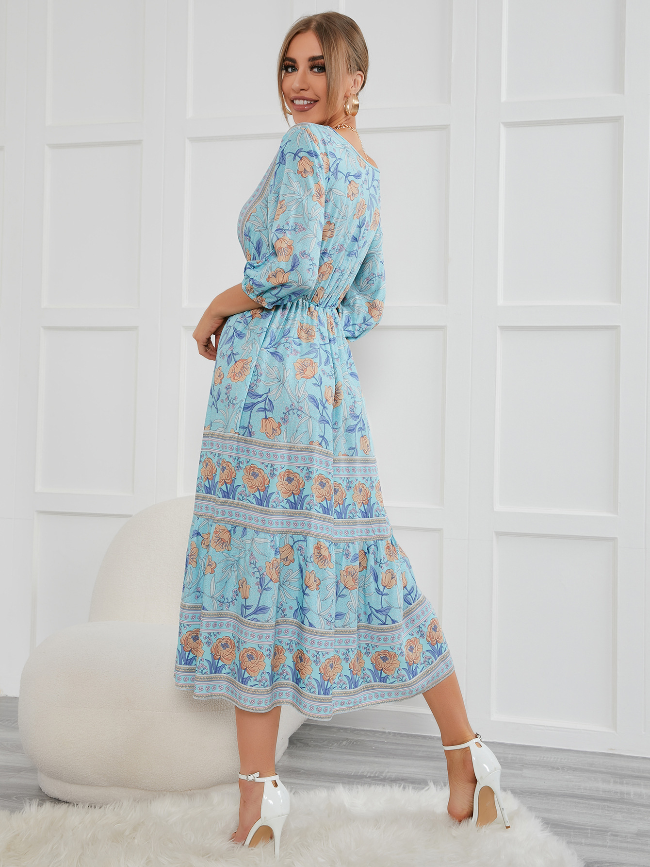 Floral Bohemian Maxi Dress V-Neck Three Quarter Sleeve