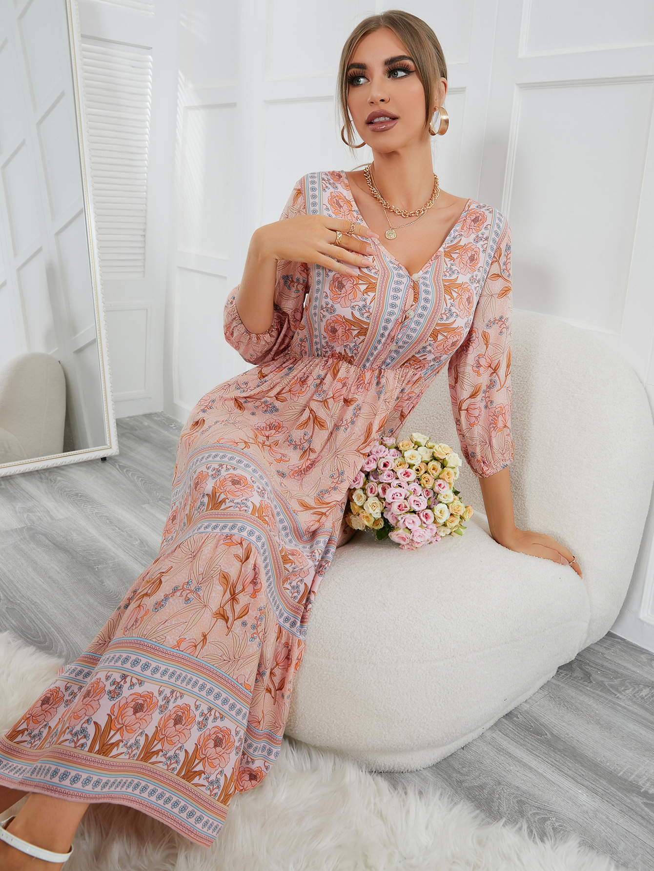 Floral Bohemian Maxi Dress V-Neck Three Quarter Sleeve