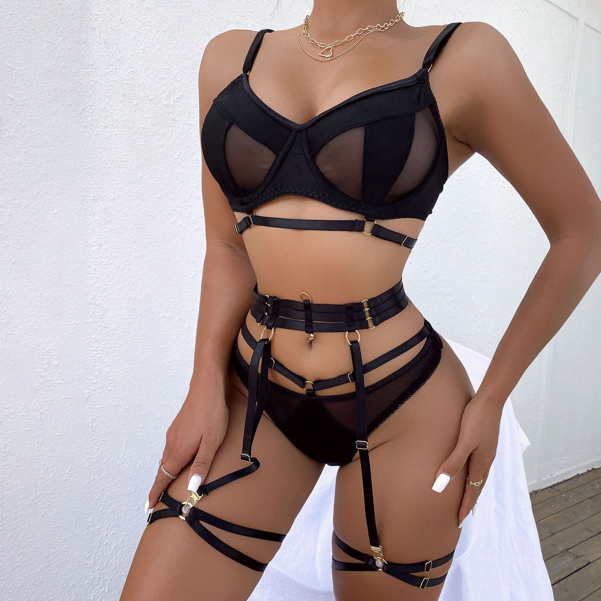 Title 4, Push Up Hollow Mesh Four-piece Set For Women