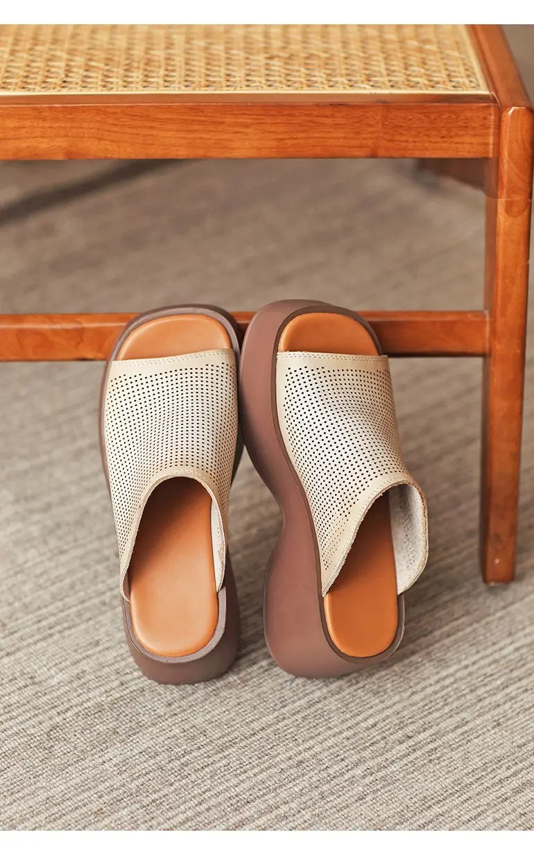 Retro Handmade First Layer Cowhide High-end Breathable Hollow-out Platform Fish Mouth Casual Slippers
