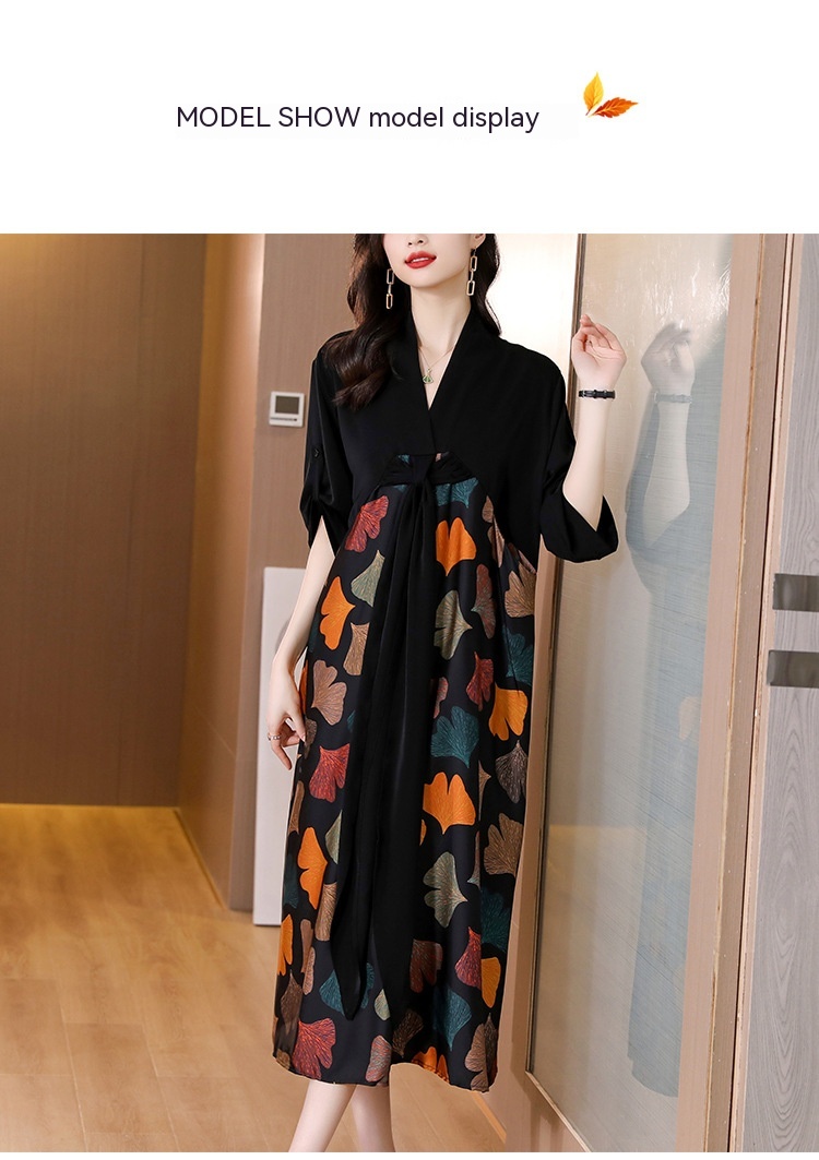 V-neck Ginkgo Leaf Slimming Lace Up Stitching Plus Size Long Dress