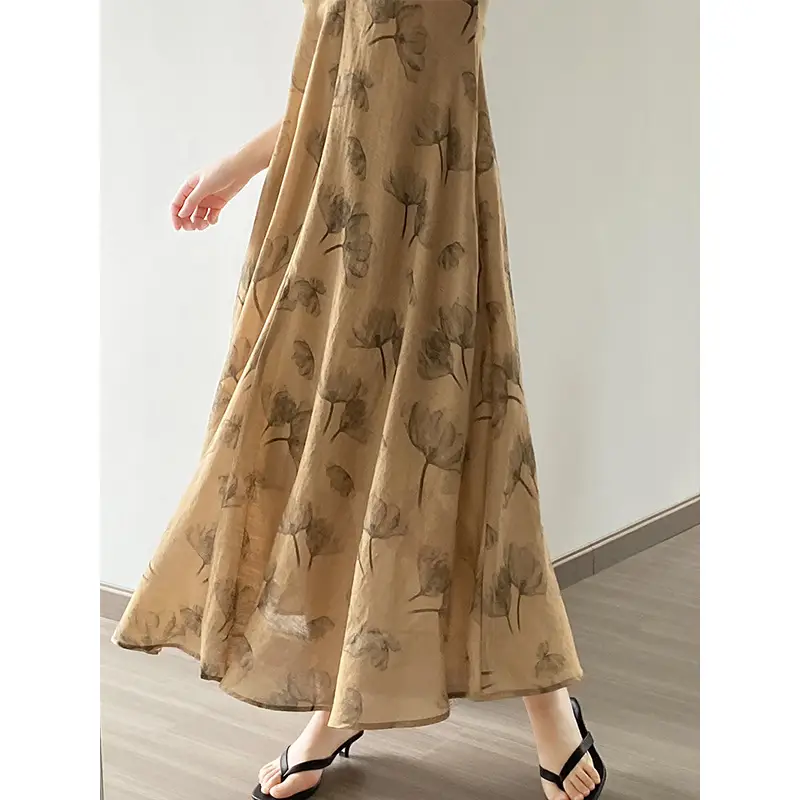Chinese Style Elegant Big Hem Gentle Printing Slip Dress