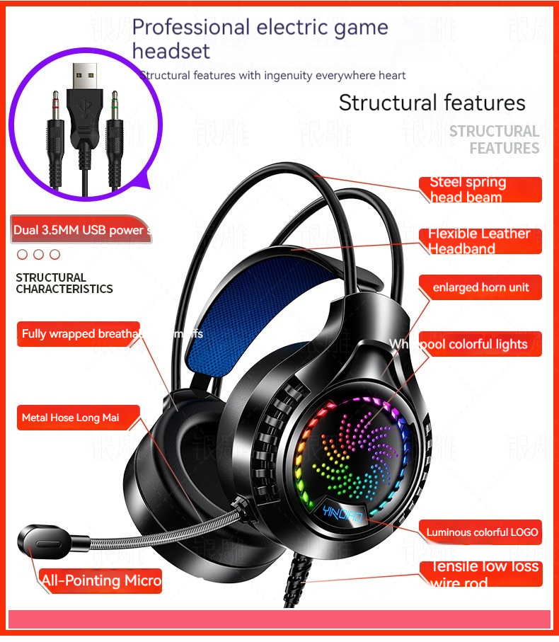 Vista 8 de Silver Eagle Q7 Head-mounted Computer Earphone With Microphone Luminous Channel USB Gaming Headset