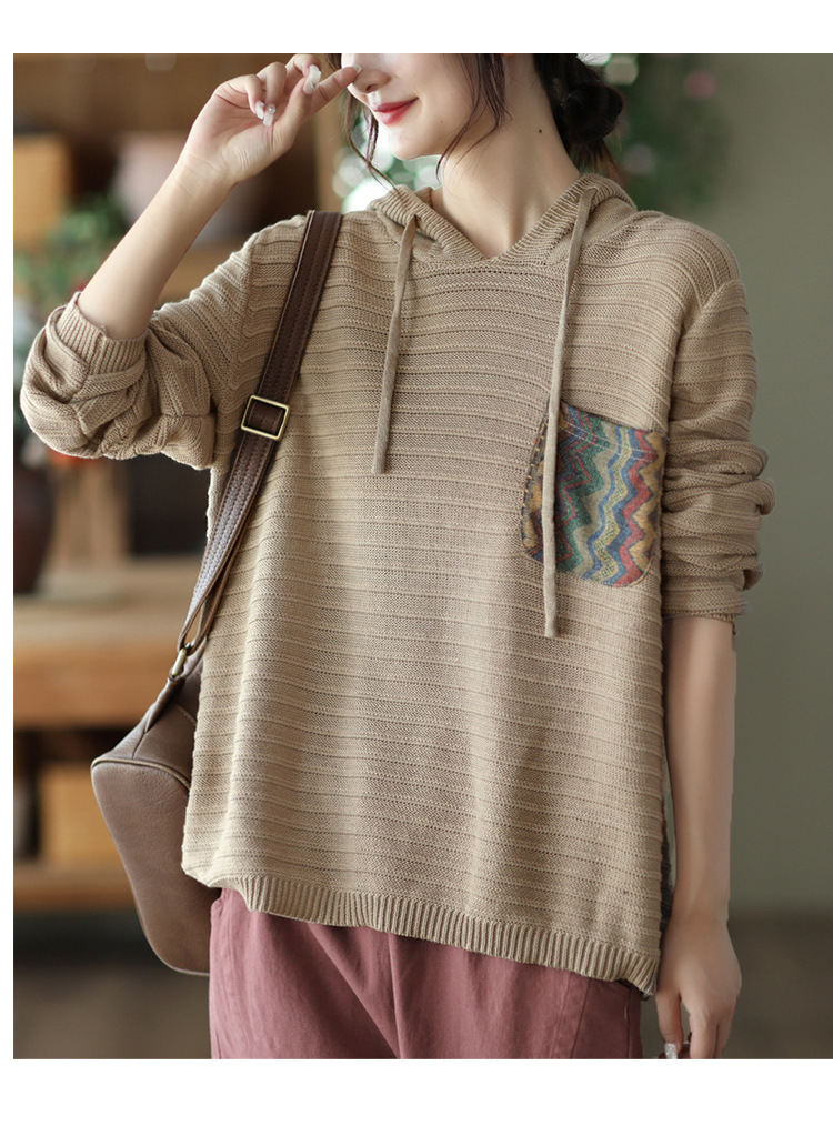 Cotton knitted patch hooded top lazy and casual