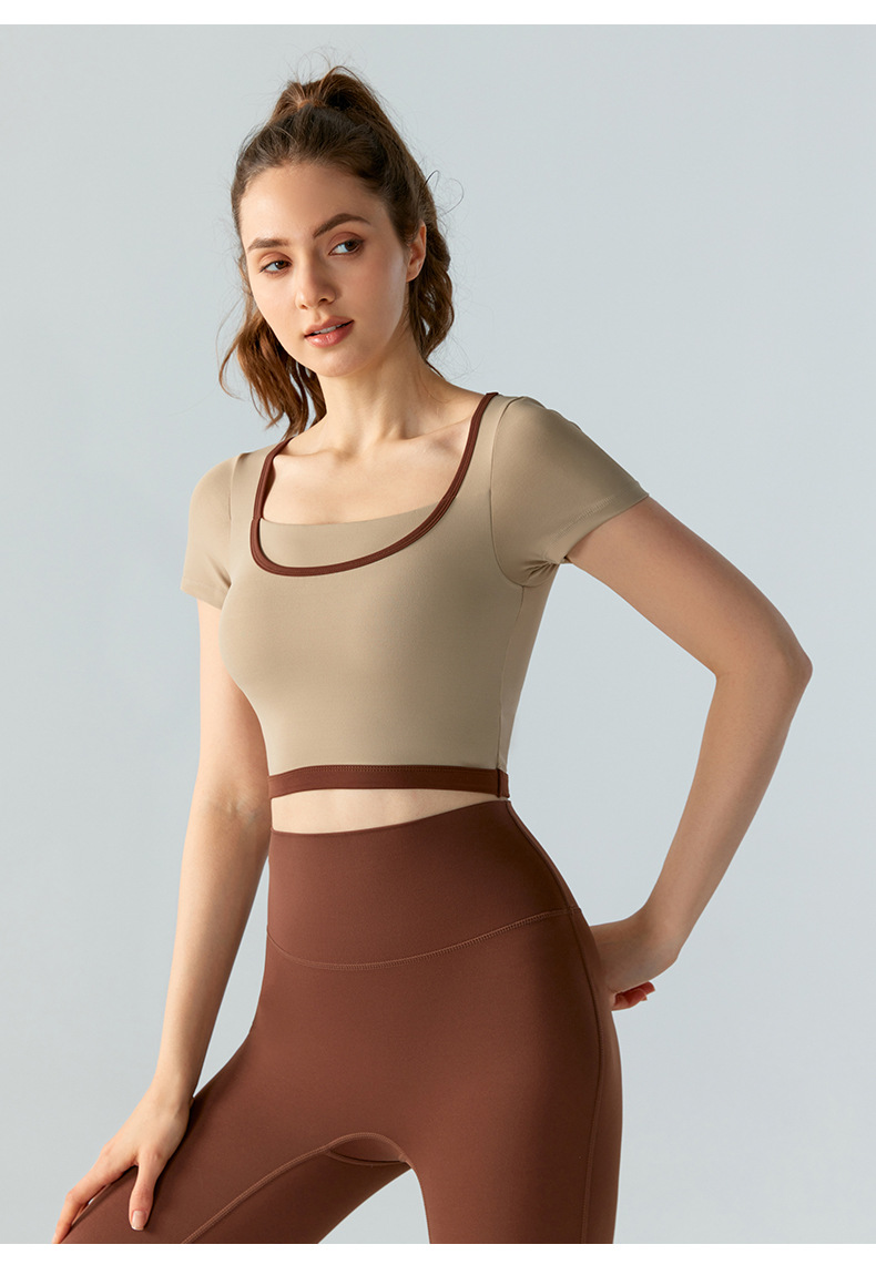 Women's Contrast Color Yoga Clothes Short Sleeve Chest Pad Fitness
